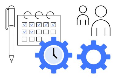 İşaretli görevleri olan kalem, takvim, saati olan iki vites ve takım simgeleri organizasyon, takım çalışması, zaman yönetimi ve verimliliği vurguluyor. Planlama, iş akışı işbirliği verimliliği için ideal