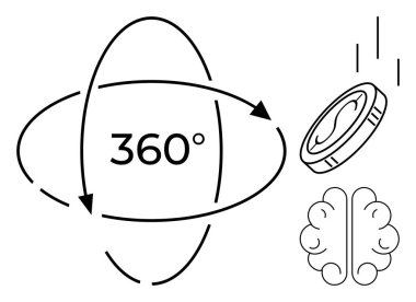 Hareket halindeki madeni para, insan beyni ve karar verme mekanizmasını, perspektif değişikliklerini ve yenilikçi düşünceleri ileten 360 döner ok. Mantık, yaratıcılık, strateji, şans analizi çözümleri için ideal