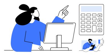 Masaüstü monitörü, odaklı büyük anahtarlı hesap makinesi ve tabletli iş arkadaşı kullanarak finansal analiz yapan bir kadın. Takım çalışması, finans, bütçe, planlama, danışmanlık ve teknoloji için ideal