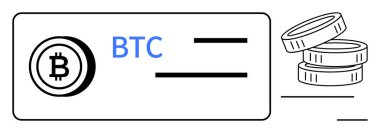 Bitcoin logosu, BTC metin ve istiflenmiş paralarla eşleştirilmiş işlem alanları. Kripto para birimi, dijital finans, engelleme zinciri, çevrimiçi ödemeler, sanal para birimi, fintech flat metafor için ideal