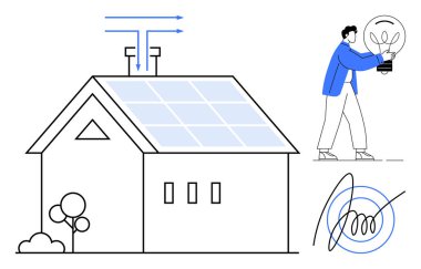 Güneş enerjili ev, paneller, hava akışı, bitkilerle ampul tutan insan. Sürdürülebilirlik, yeşil enerji, yenilik, teknoloji, ekoloji, çevresel farkındalık yenilenebilir enerji için ideal
