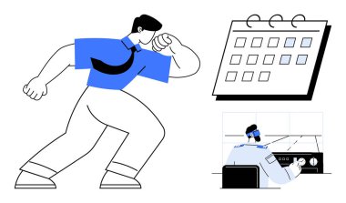 Ofis profesyoneli büyük bir takvim ve kontrol paneli kullanırken görevleri yönetir. Zaman yönetimi, üretkenlik, ofis planlaması, hedef belirleme, liderlik, çoklu görev için ideal