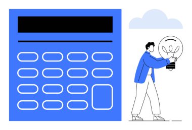 Dev hesap makinesi analizi sembolize ederken, elinde ampul tutan kişi yenilik öneriyor. Finansal planlama, problem çözme, bütçe oluşturma, enerji verimliliği, yaratıcılık ve yenilik için ideal