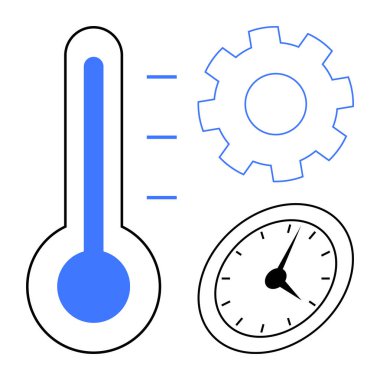 Termometre ısı seviyesini gösteriyor, teçhizat işleyişi simgeliyor ve saat zamanı gösteriyor. Verimlilik, performans izleme, üretkenlik, zaman izleme, enerji yönetimi, sanayi