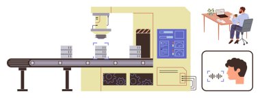 Otomatik montaj hattı sıralama paketleri, uzaktan izleme çalışma istasyonu ve ses tanıma sistemlerine bağlı. Yenilik, teknoloji, otomasyon, lojistik, yapay zeka, akıllı sistemler için ideal