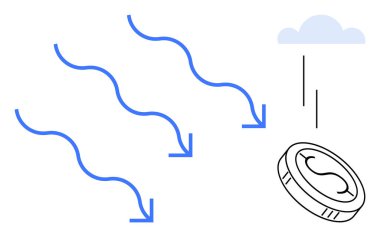 Düşen bir madeni parayı işaret eden oklar ve finansal düşüş, ekonomik kayıp veya parasal dinamiği işaret eden bir bulut. Ekonomi, finans, kayıp, iş, durgunluk ve yatırım için ideal