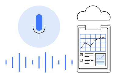Ses dalgalı mikrofon, grafikli analitik pano ve bulut. Teknoloji, veri sunumu, ses analizi, bulut hesaplaması, iletişim araçları, üretkenlik basit düz