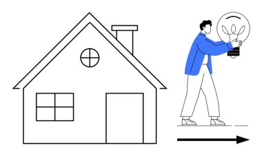 Elinde büyük bir ampul tutan kişi eve doğru yürüyor. Enerji verimliliği, sürdürülebilirlik, yeşil yaşam, yenilik, çevre dostu kavramlar, yenilenebilir enerji, basit düz metafor