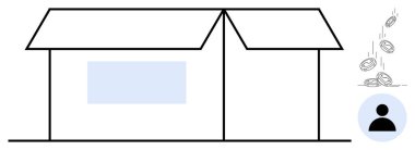 Pencereli temel ev taslağı, madeni paraların düşmesi ve finansmanı, gayrimenkulü, konut fiyatını, tasarrufu, yatırımı, bütçeyi, mülkiyet değeri düz metaforunu simgeleyen kullanıcı simgesi