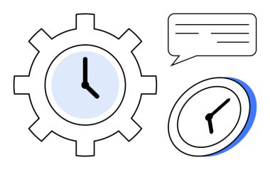 Vitesteki saat verimliliği gösteriyor. Alarm saati zamanlamayı sembolize eder. Konuşma balonu iletişimi vurgular. Verimlilik, takım çalışması, iş akışı, planlama, beyin fırtınası, teslim tarihi için ideal