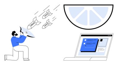 DDoS etiketli siber tehditleri engellemek için kalkan kullanan bir adam veri koruması, siber güvenlik ve savunma mekanizmalarının dizüstü bilgisayarını savunuyor. Teknoloji, güvenlik ve internet güvenliği için ideal