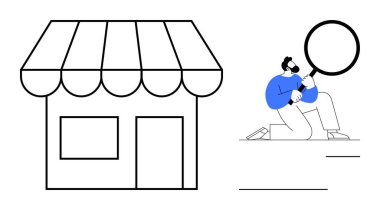 Mağaza önü, büyüteçle analiz yapan kişinin yanında küçük bir işletmeyi temsil ediyor. Perakende satış, piyasa araştırması, iş analizi, müşteri keşfi, satış stratejisi, girişimcilik için ideal