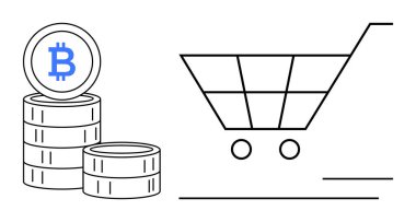 Satışlarda dijital para kullanımını sembolize eden bir alışveriş arabasının yanında birikmiş Bitcoin paraları. Kripto para birimi, e-ticaret, engelleme zinciri, finans, çevrimiçi ticaret, teknoloji, basit daire