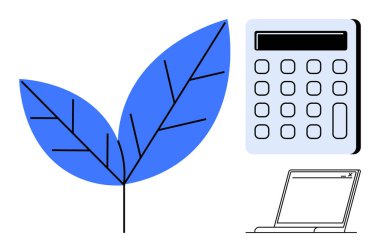 Modern hesap makinesinin ve dizüstü bilgisayarın yanında mavi yaprak. Sürdürülebilirlik, eko-ticaret, finans, teknoloji, yeşil yenilik, dijital ekonomi, basit düz metafor