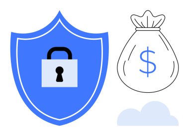 Güvenliği simgeleyen mavi bir kalkan finans için bir dolar para çantası ve bulut elementi. Mali koruma, tasarruflar, bulut bankacılığı, yatırım güvenliği, dolandırıcılık önleme, veri