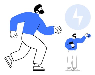 Bir yıldırım ikonu ve güç elementi ile çarpışan daha küçük bir figürün yanında emin adımlarla yürüyen kişi. Büyüme, motivasyon, enerji, takım çalışması, yenilik, güçlendirme için ideal, basit düz metafor