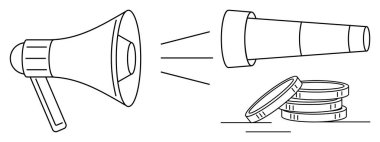 Teleskop ve sikkelere karşı sesi yükselten megafon iletişimi, odaklanmayı ve finansal büyümeyi sembolize ediyor. Liderlik, strateji, pazarlama, vizyon fırsatı karı için ideal. Basit düz