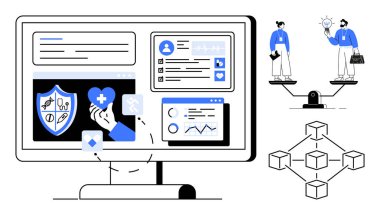 Tıbbi verileri olan bilgisayar, sağlık analizleri, kilit zincir yapısı. Ahlakı sembolize eden bir ölçekte iki profesyonel. Sağlık teknolojisi, veri paylaşımı, yenilik, etik, analitik takım çalışması için ideal