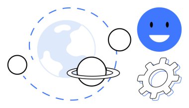Dünya, yörüngedeki gezegenler ve Satürn 'ün tasarımı mutlu bir yüz ve dişli ikonu teknolojiyi, yaratıcılığı, takım çalışmasını, bilim kurguyu, küresel erişimi, ilerlemeyi ve üretkenliği temsil ediyor. İdeal