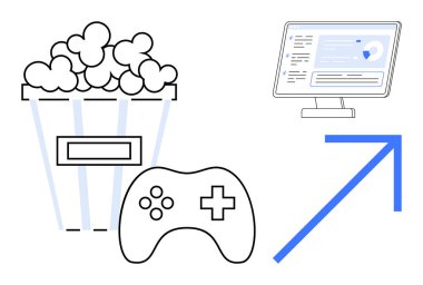 Patlamış mısır kovası, oyun kumandası, analitik dijital ekran, yukarı doğru ok. Eğlence, teknoloji, oyun ve veri analizi için ideal yenilik trendleri başarıya ulaştı. Basit düz metafor