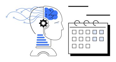 Yapay zeka beyni, çark, sinirsel ağ bağlantıları ve bir takvimi olan bir insan kafası. Üretkenlik, planlama, zaman yönetimi, yapay zeka, teknoloji yeniliği ve fütüristik