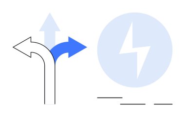 Elektrik enerji ikonu ile seçimi ve yönü temsil eden üç yönlü ok. Yenilik, karar verme, sürdürülebilirlik, teknoloji, büyüme, gelişme ve enerji için idealdir. Basit düz