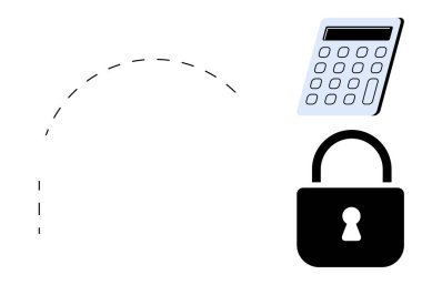 Hesap makinesini bağlayan kesik çizgi ve asma kilit finansal güvenliği, veri korumasını ve güveni simgeliyor. Finans, siber güvenlik, gizlilik, şifreleme, güven, güvenli işlemler için ideal basit bir daire