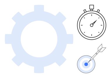 Geniş dişli siluet, kronometre ve oklu hedef. Üretkenlik, zaman yönetimi, hedef belirleme, optimizasyon, hassasiyet planlaması ve verimlilik için idealdir. Basit düz metafor