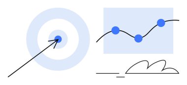 Dairesel hedef bir ok, birbirine bağlı veri noktaları olan grafik ve soyut çizgiler. Hedef belirleme, veri analizi, stratejik planlama, performans izleme, başarı izleme, yenilik için ideal
