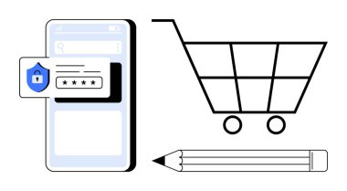 Güvenli e-ticaret işlemlerini temsil eden parola ikonu, alışveriş arabası ve kalemle mobil cihaz. Çevrimiçi alışveriş, veri güvenliği, e-ticaret, teknoloji, kullanıcı arayüzü ödemesi için ideal