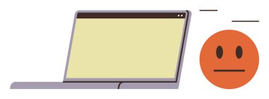 Bilgisayarı, dijital medyaya veya sanal iletişime tepki gösteren nötr duygusal bir yüzle birlikte aç. Çevrimiçi etkileşim, iletişim, sosyal medya, geri bildirim, değerlendirme, teknoloji için ideal