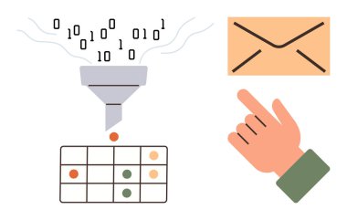 Noktalı bir masaya ikili kod filtreleme hunisi, e-posta için zarf sembolü ve işaret eden bir el. Veri işleme, otomasyon, e- posta filtreleme, makine öğrenme, sıralama algoritmaları için ideal
