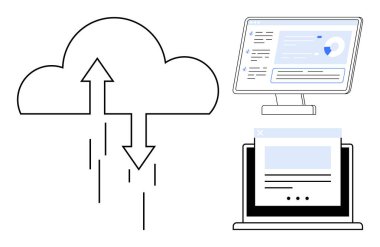 Yukarı ve aşağı oklarla bulut veri alışverişini, bağlı dizüstü bilgisayarı ve analitik görüntülemeyi sembolize ediyor. Bulut teknolojisi, veri paylaşımı, ağ oluşturma, analitik, uzaktan çalışma ve bilişim için ideal