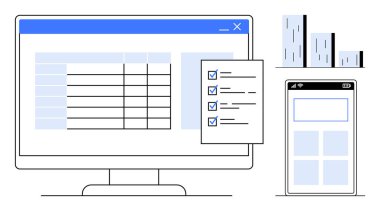 Masaüstü ekranda bir veri tablosu, işaretlenmiş kutular, çubuk grafik ve mobil ekran düzeni gösteriliyor. Verimlilik, analitik, organizasyon, iş akışı ve proje yönetimi için ideal basit raporlama