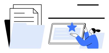 Dosyaları seçmek ve önceliklerini belirlemek için dijital sistemle etkileşime giren kişi. Klasör, belgeler, dokunmatik ekran. Belge yönetimi, organizasyon, öncelikler, bulut depolama, iş akışı için ideal