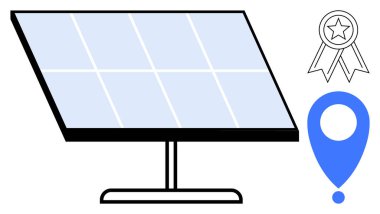 Güneş paneli kürsüde, mavi lokasyon iğnesi, yenilenebilir enerji, sürdürülebilirlik, çevre dostu çözümler, teknoloji, verimlilik, coğrafya temiz enerjiyi temsil eden ödül rozeti. Yeşil için ideal