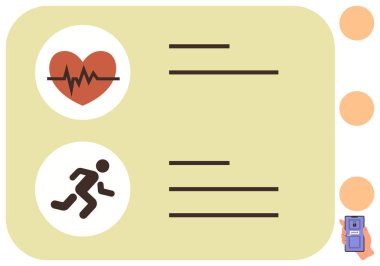 Kalbin içindeki kalp atışı ve çalışan figür metin tutucularla eşleştirilmiş. Fitness, sağlık izleme, sağlık uygulamaları, tıbbi kayıtlar, spor eğitimi, veri görselleştirme, sağlık hizmetleri için ideal