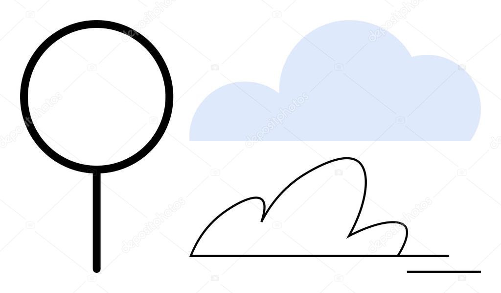 Simplified tree, illustrated cloud, and abstract bush design. Ideal for nature, simplicity, minimalism, environment, art landscape concepts and clean visual aesthetics. Flat metaphor design