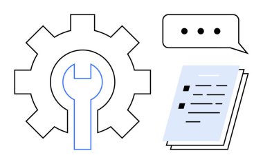 Vites ve ingiliz anahtarı bakım, iletişim için konuşma balonu, dökümantasyon için kontrol listesi. Teknik destek, onarım, müşteri hizmetleri, işbirliği, iş akışı, organizasyon için ideal