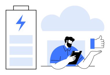 Batarya ikonu, bulut ve elinde yüzen parmaklı tablet tutan adam. Enerji, üretkenlik, geri bildirim, teknoloji, yenilik, sürdürülebilirlik dijital dönüşüm için idealdir. Temiz düz metafor