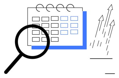 Büyütme cam inceleme takvimi yukarı doğru oklarla analiz, strateji, planlama, büyüme, verimliliği temsil ediyor. Zamanlama, optimizasyon, başarı, zaman yönetimi veri incelemesi için ideal
