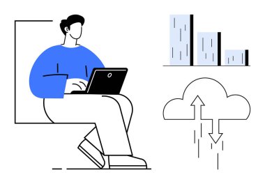 Bir dizüstü bilgisayar üzerinde çalışan kişi, okları olan ve veri indirmeyi sembolize eden kişi, analitiği temsil eden bar çizelgeleri. Teknoloji, bulut depolama, veri yönetimi, uzaktan çalışma, dijital eğilimler ve bilişim için ideal