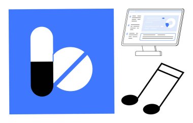 Tıbbi analiz verileri içeren kapsül, tablet ve dijital ekran. Sağlık, teknoloji, dijital sağlık, teletıp, yenilikçi tıbbi araştırma eczanesi için idealdir. Basit düz metafor