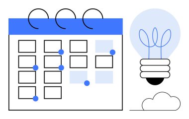 İşaretli tarihleri ve mavi röfleleri olan minimum takvim, yenilik ve planlamayı sembolize eden bir ampulün yanında. Zamanlama yönetimi için ideal, üretkenlik, hedefler, zaman izleme, fikirler, proje