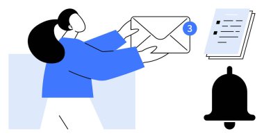 Elinde bir zarf, bir uyarı rozeti, bir uyarı zili ve bir yığın belge tutan bir kadın figürü. İletişim için ideal, e- posta güncellemeleri, mesajlaşma, bildirimler, takım çalışması, belge