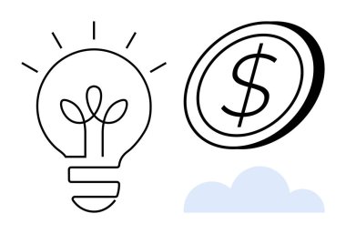 Dolar işareti olan ampul ve sikke, yeniliğin ve parasal büyümenin minimalist bir bulutla eşleştirildiğini vurguluyor. Finans, yaratıcılık, yenilik, iş, fikirler, başarı basitliği için idealdir. A