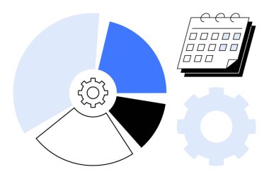 Bölümleri, vites sembolü ve çalışma akışını, zamanlamayı ve veri analizini simgeleyen takvim çizelgesi. Proje yönetimi, strateji, organizasyon, analitik verimlilik için ideal