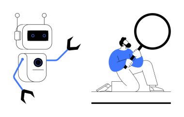 Mekanik kolları olan robot diz çökmüş, elinde büyüteç tutan adamın yanında el kol hareketi yapıyor. Yapay zeka, yenilik, analiz, takım çalışması, araştırma, problem çözme ve keşif kavramları için idealdir. Basit düz