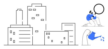 Binalarla şehir manzarası illüstrasyonu, büyüteçle inceleme yapan bir kişi, ve su döken bir el. Analiz, yenilik, büyüme, sürdürülebilirlik, araştırma ve şehir planlama için ideal