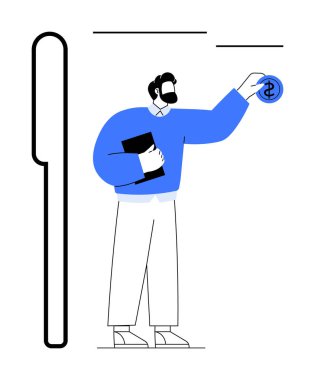 Finans ve ekonomiyi temsil eden büyük tasarruf yuvasına madeni para koyarken, klasörü tutan kişi. Bankacılık, tasarruf, yatırım, bütçe, mali planlama, iş, basit daire için ideal